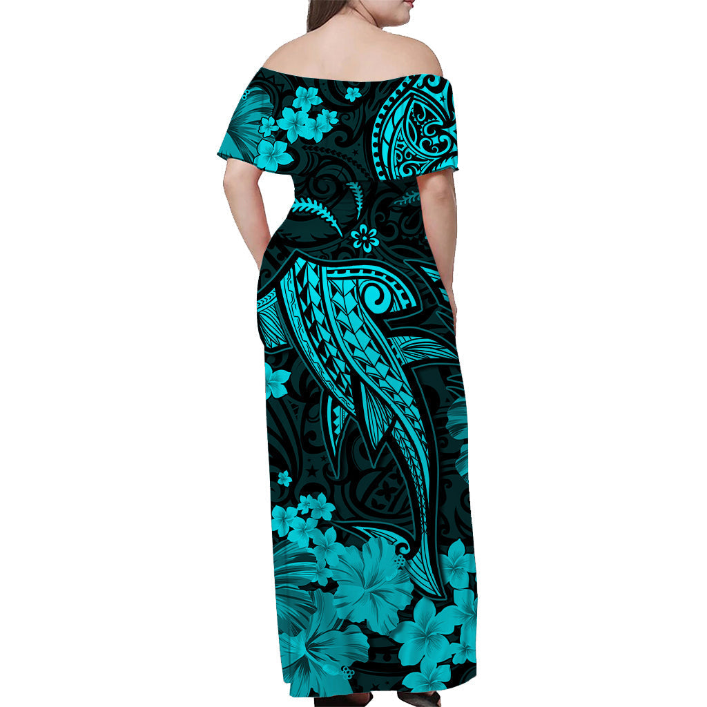 Hawaii schulterfreies langes Kleid Polynesia Türkis Hai LT13