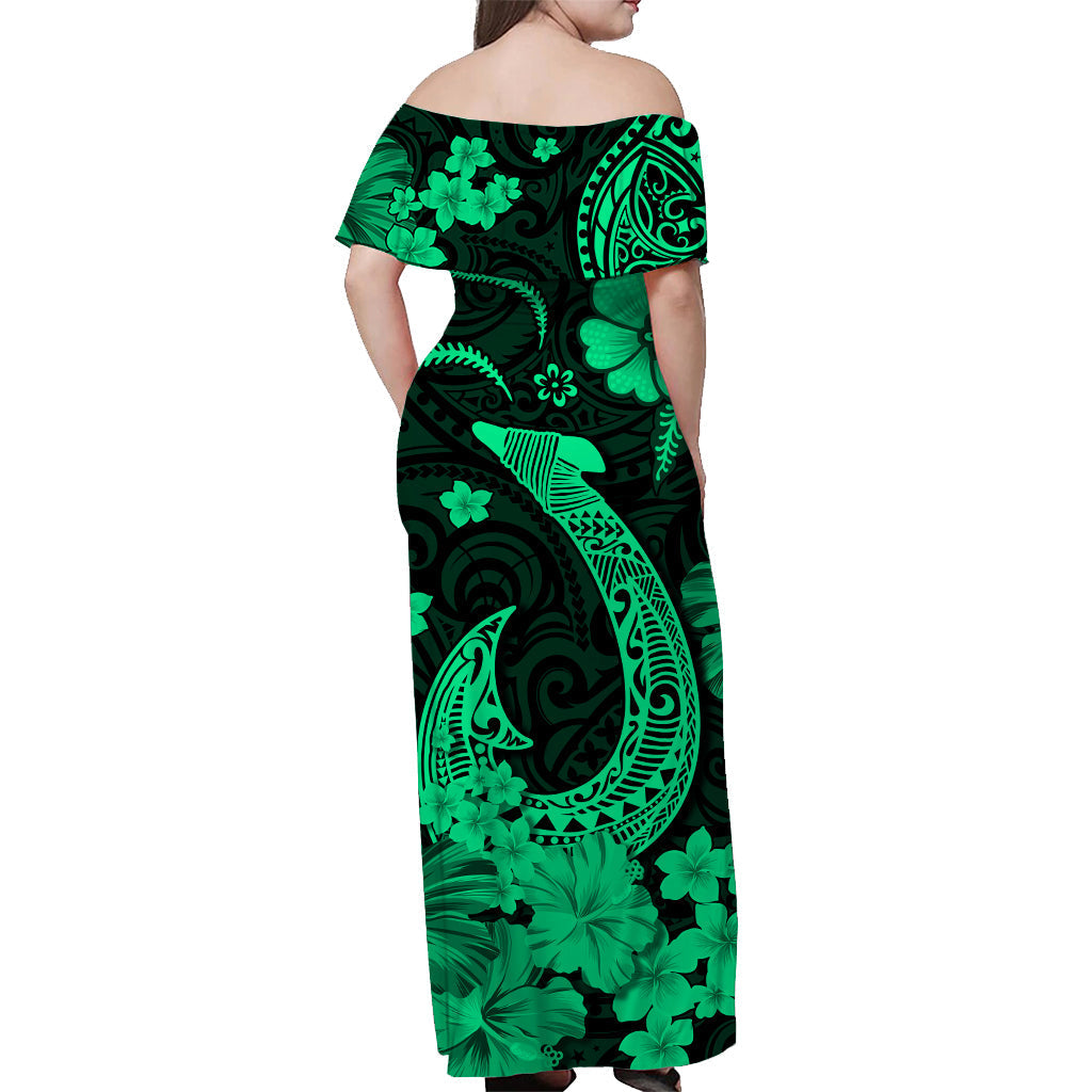 Hawaii schulterfreies langes Kleid Polynesien grün Angelhaken LT13