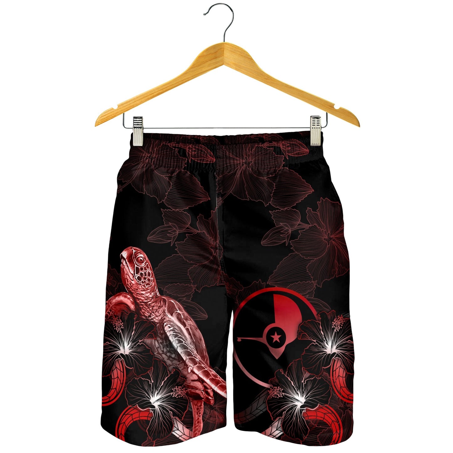 Yap Polynesian Herren Bermuda Shorts - Schildkröte mit blühendem Hibiskus Rot