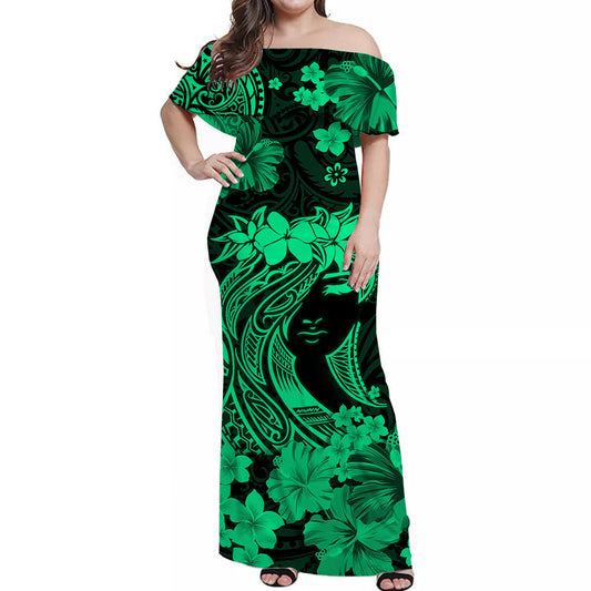 Hawaii Off Shoulder Long Dress Polynesia Green Attractive Hula Girl LT13 Women Green - Polynesian Pride