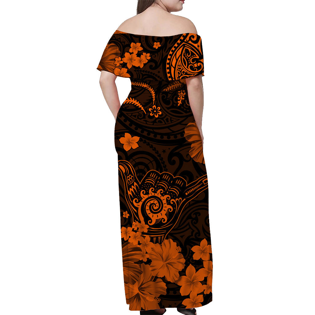 Hawaii schulterfreies langes Kleid Polynesien Orange Cool Shaka Zeichen LT13