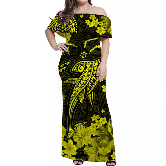 Hawaii Off Shoulder Long Dress Polynesia Yellow Shark LT13 Women Yellow - Polynesian Pride