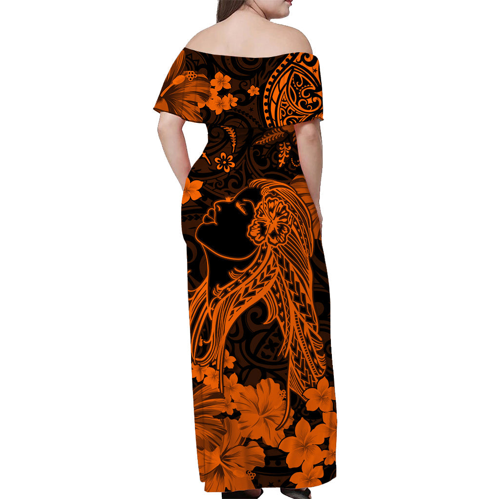 Hawaii schulterfreies langes Kleid Polynesien Orange Schönes Hula-Mädchen LT13