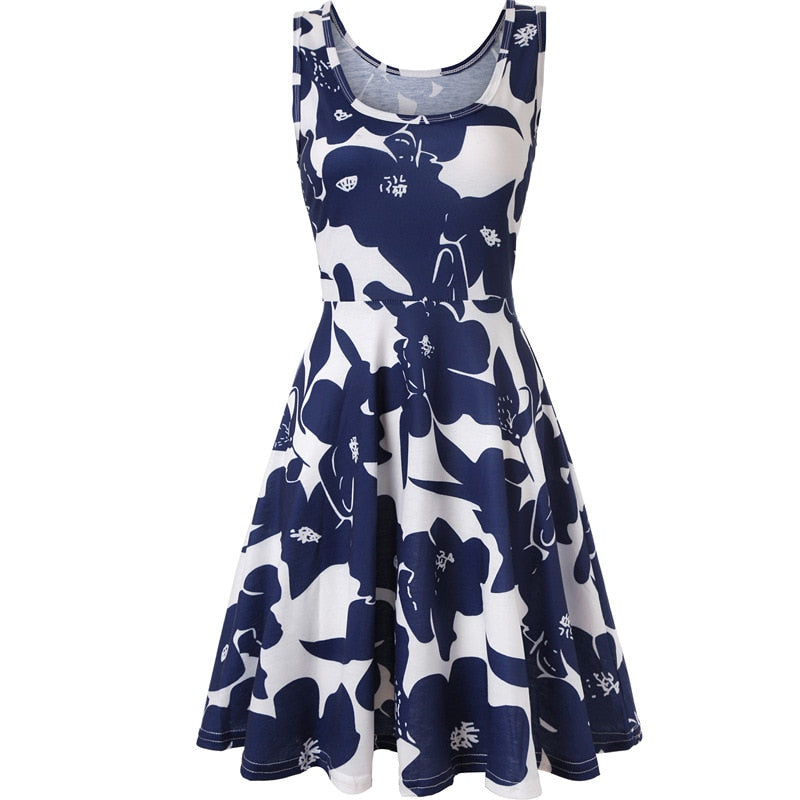 Robe à Fleurs Bleues Mi-Longue <br> Grandes Tailles