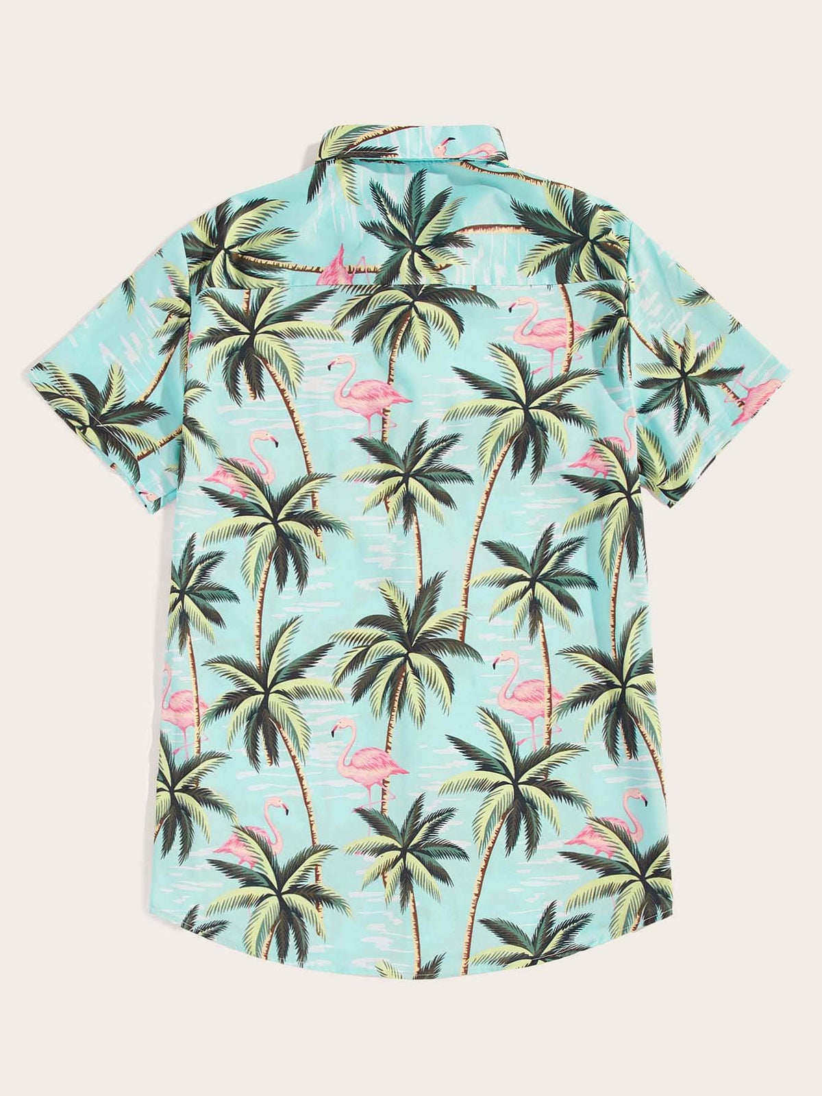 Blaues Hawaiihemd mit Palmen und Flamingo