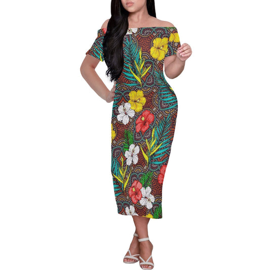 Robe Fleurie Longue Motifs Tahitiens