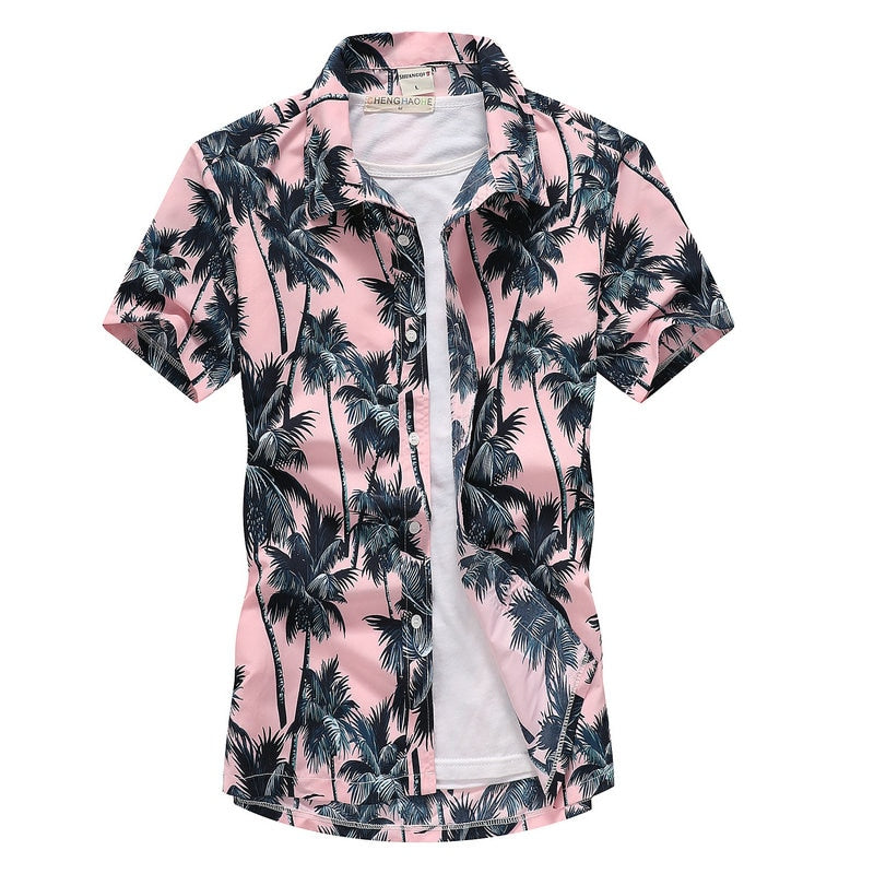 Chemise Hawaienne Rose Palmiers Bleus