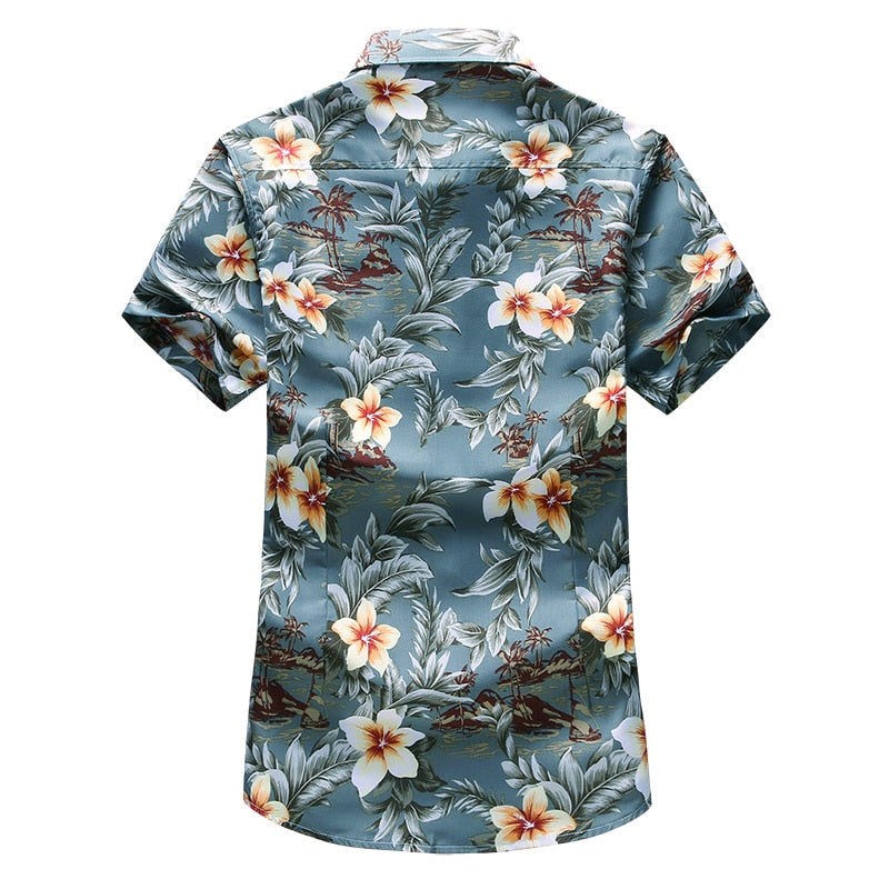 Blaues Hawaiihemd mit Hibiskusblüten