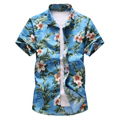 Chemise Hawaienne Bleue à Fleurs d'Hibiscus