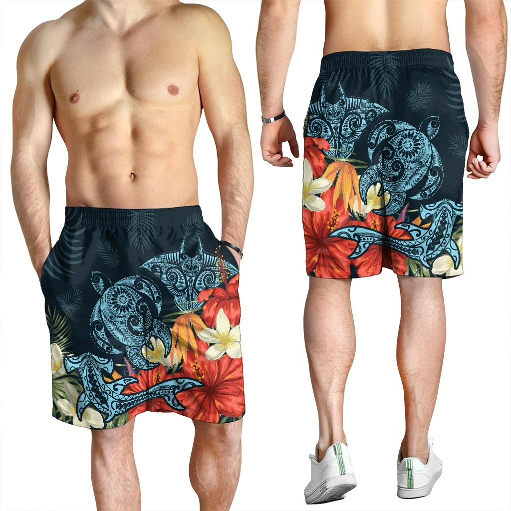 Hawaii Schildkröte Hai Manta Rochen Hibiskus Plumeria Herren Bermudas Shorts - AH