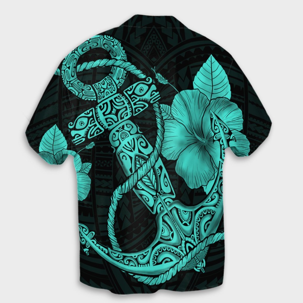 Hawaiian Anchor Poly Tribal Hibiscus Polynesianisches Hawaiihemd Türkis - AH