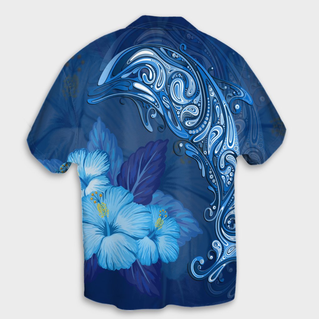 Hawaiianischer Delfin Hibiskus Tropic Blue Polynesianisches Hawaiihemd - AH