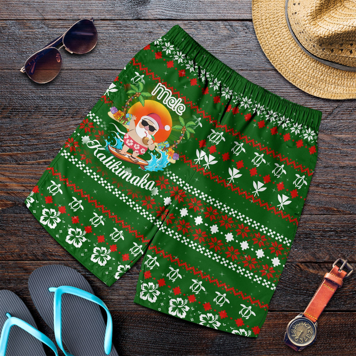 Hawaiianische Weihnachtsmann Mele Kalikimaka Herren Bermudas Shorts - Aviv Style - Grün - AH
