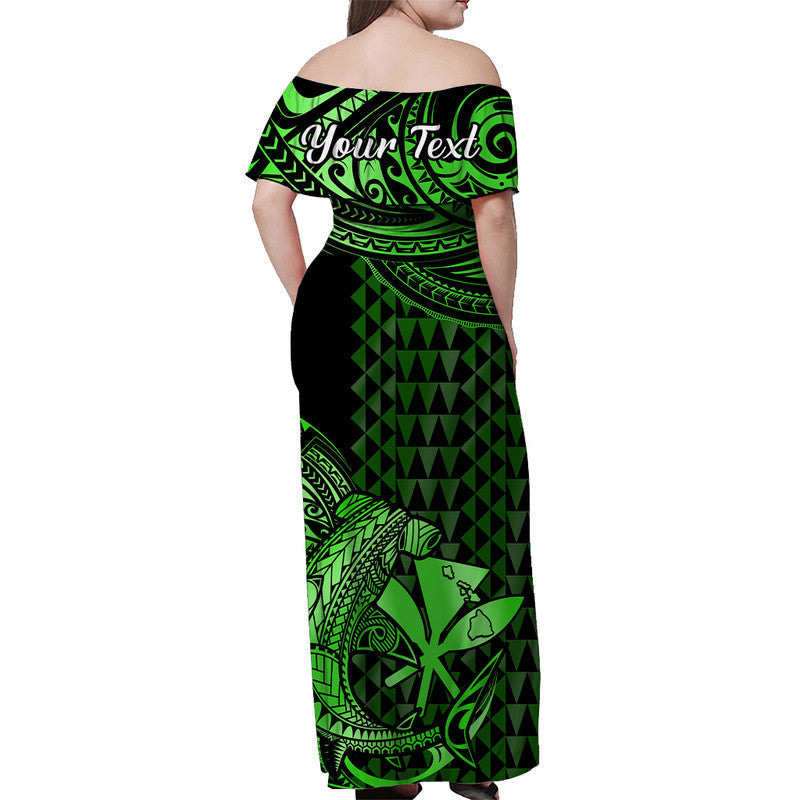 Hawaii Hammerhai Schulterfreies Langes Kleid Polynesischer Kakau Mit Kanaka Grün LT14