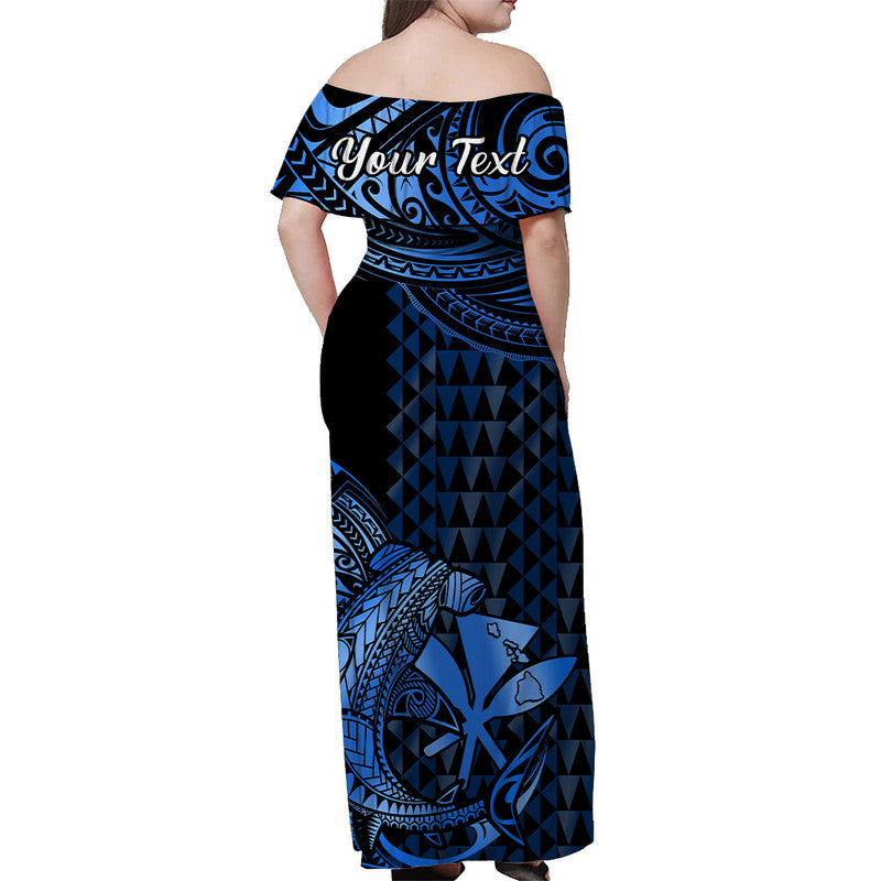 Hawaii Hammerhai Schulterfreies Langes Kleid Polynesischer Kakau Mit Kanaka Blau LT14