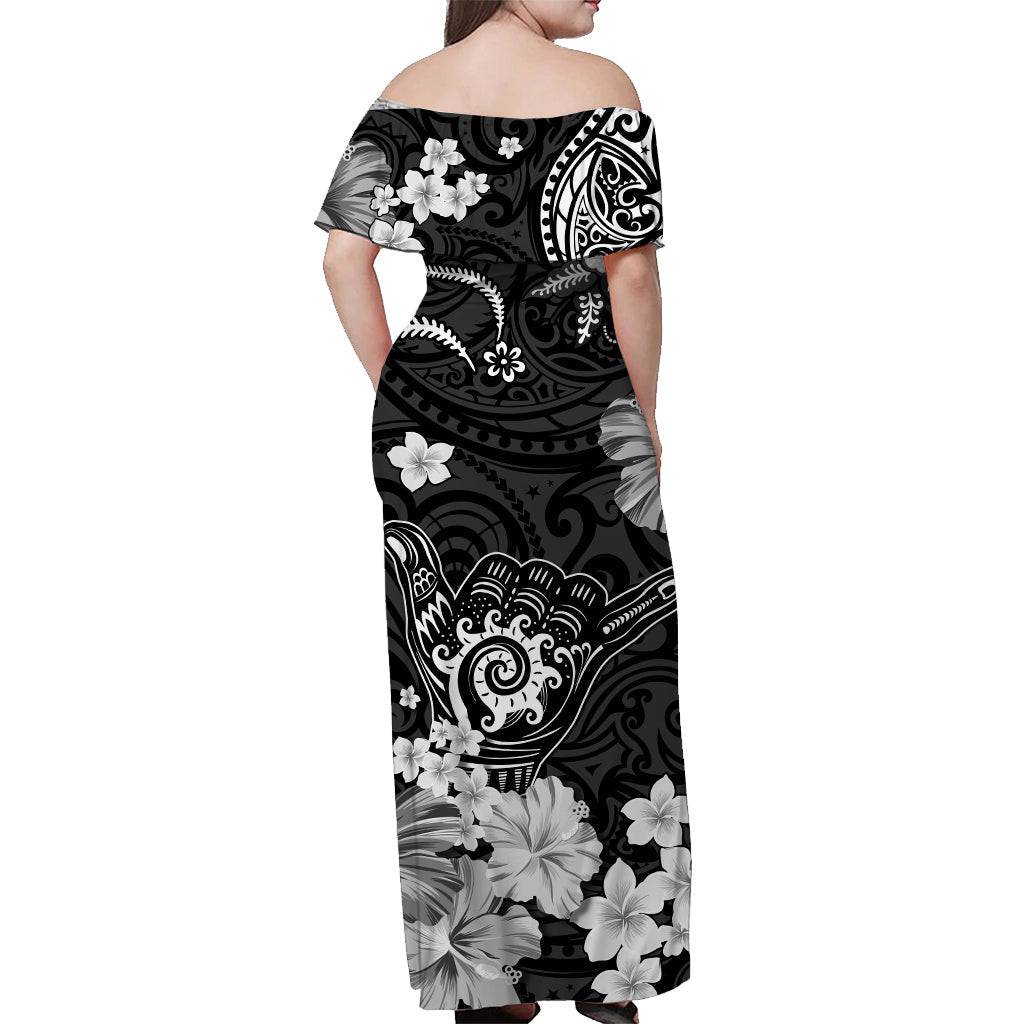 Hawaii schulterfreies langes Kleid Polynesien Schwarz Cool Shaka Zeichen LT13