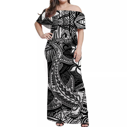 Polynesian Off Shoulder Long Dress Black Hawaiian Tribal Hammerhead Shark LT14 Women Black - Polynesian Pride