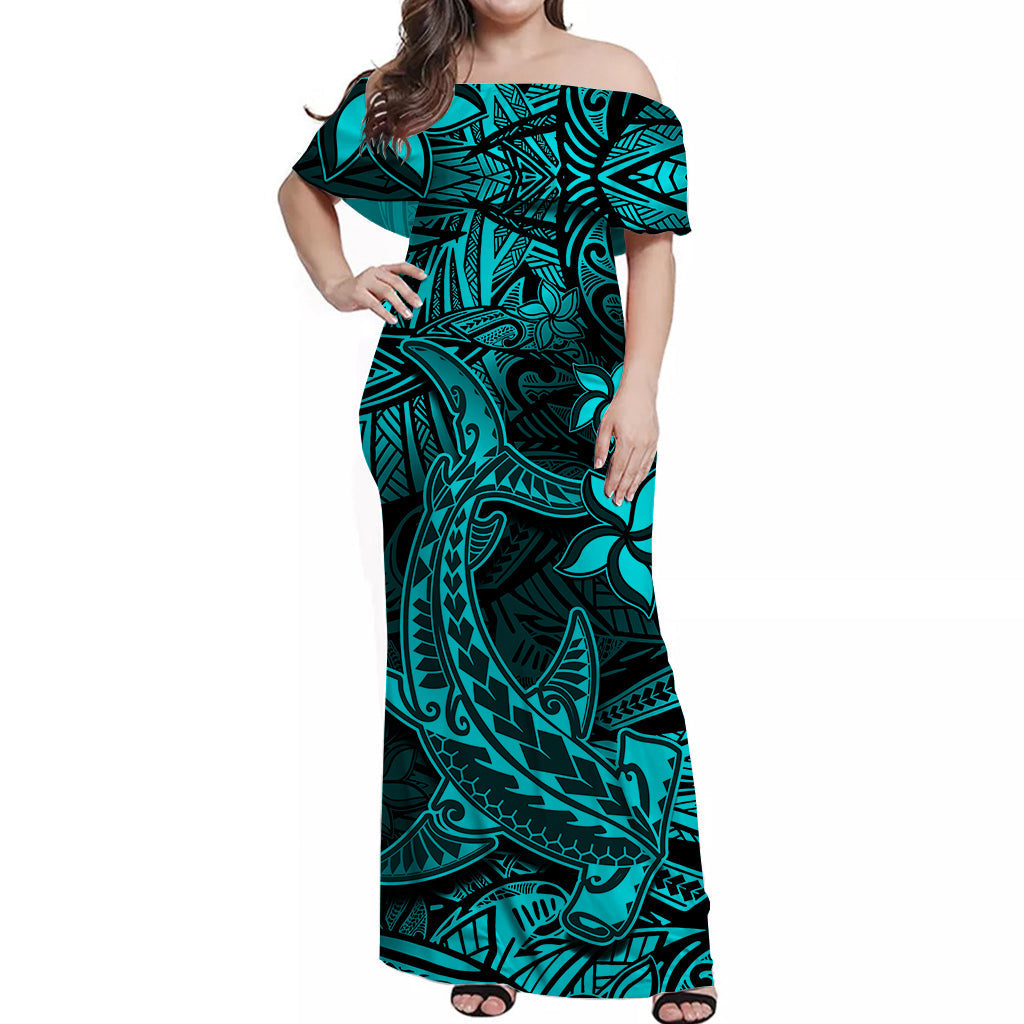 Polynesian Off Shoulder Long Dress Turquoise Hawaiian Tribal Hammerhead Shark LT14 Women Turquoise - Polynesian Pride