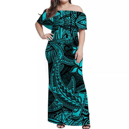 Polynesian Off Shoulder Long Dress Turquoise Hawaiian Tribal Hammerhead Shark LT14 Women Turquoise - Polynesian Pride