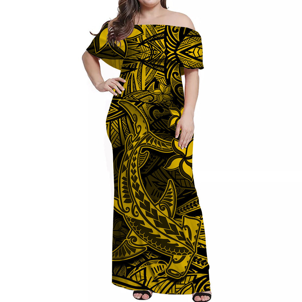Polynesian Off Shoulder Long Dress Gold Hawaiian Tribal Hammerhead Shark LT14 Women Gold - Polynesian Pride