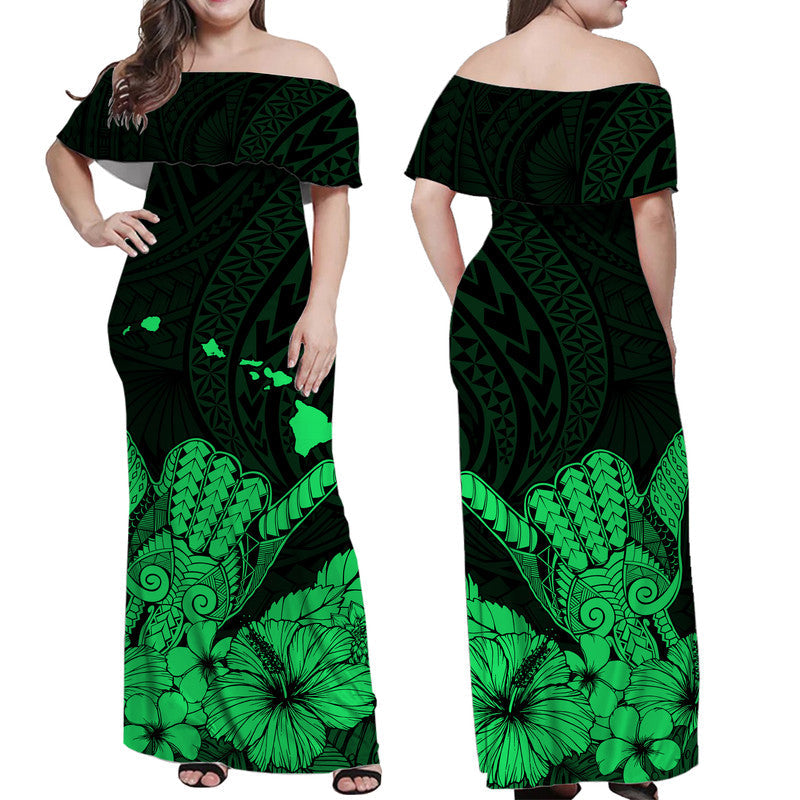 Hawaii Shaka Zeichen Off Schulter Langes Kleid Grüne Version LT9