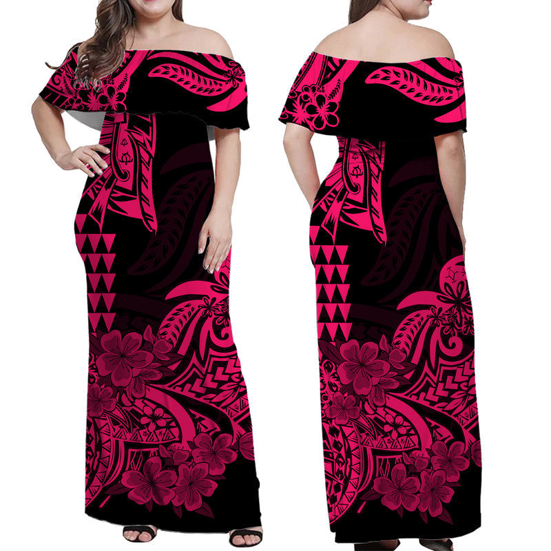 Hawaii Kakau Off Shoulder Langes Kleid Polynesian Floral Tribal Pink Version LT9