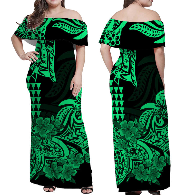 Hawaii Kakau Off Shoulder Langes Kleid Polynesian Floral Tribal Grün Version LT9