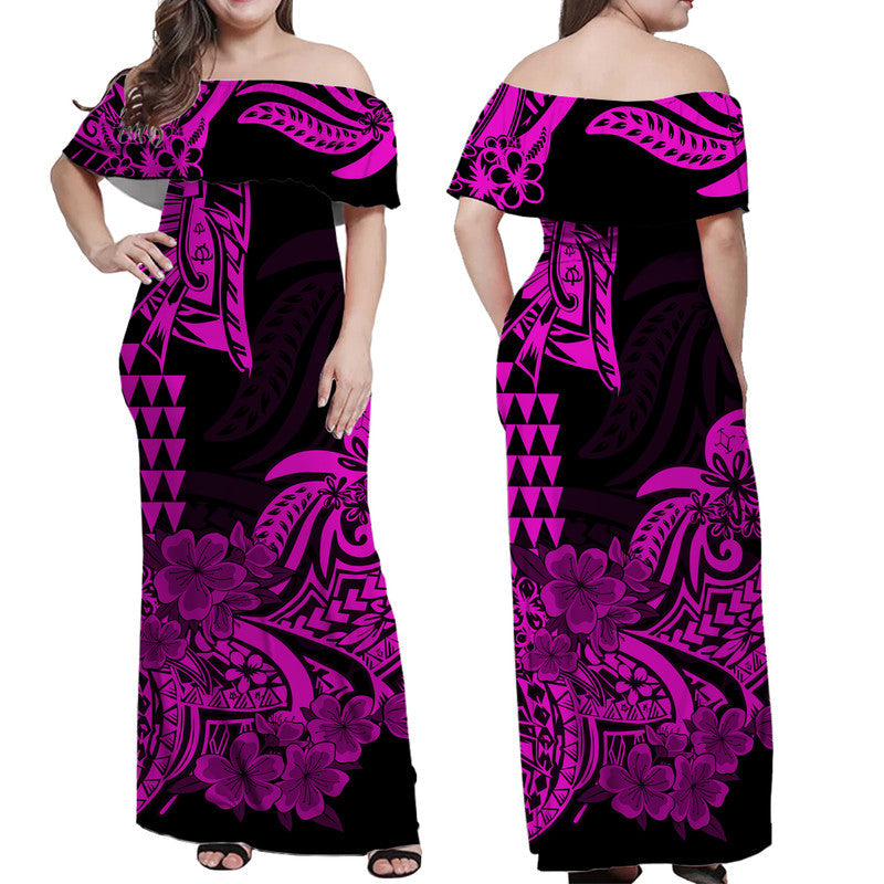 Hawaii Kakau Off Shoulder Langes Kleid Polynesian Floral Tribal Lila Version LT9