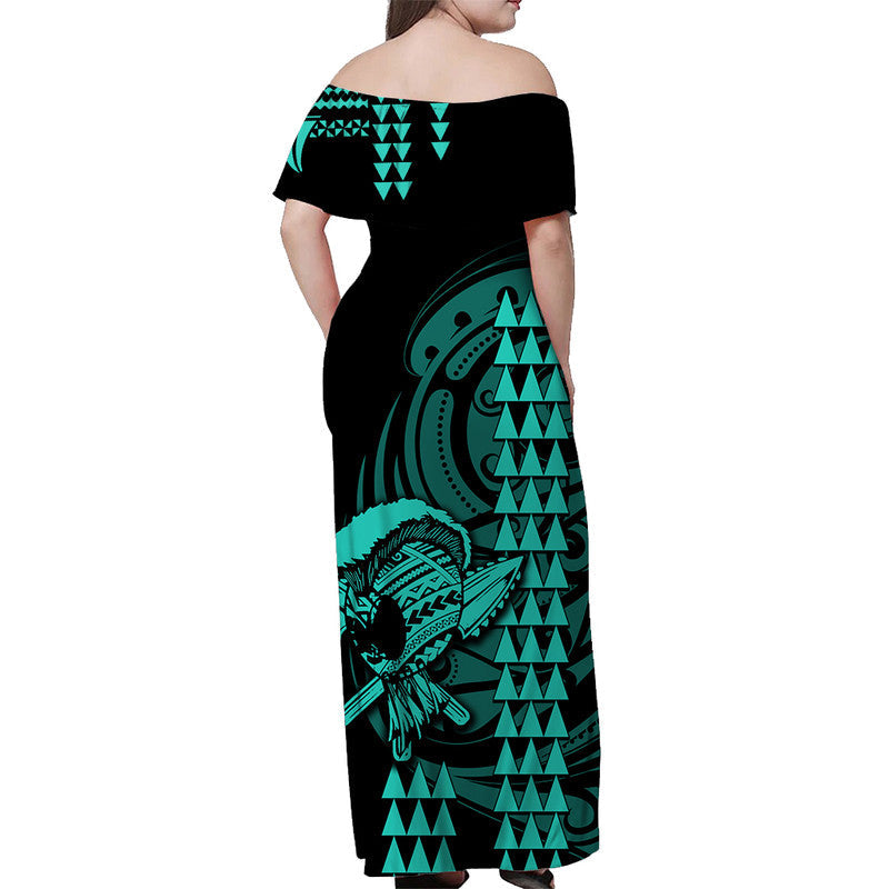 Hawaii Polynesian Warrior Kakau Off Shoulder Langes Kleid-Grün LT6