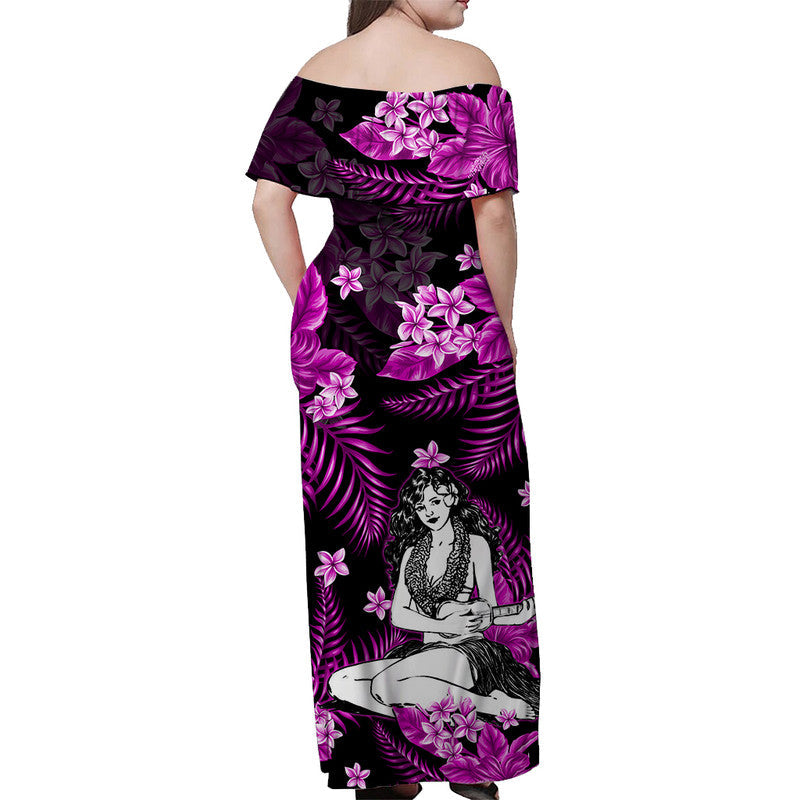 Hawaii Sommer Bunte Off Schulter Langes Kleid Hula Mädchen Lila LT6