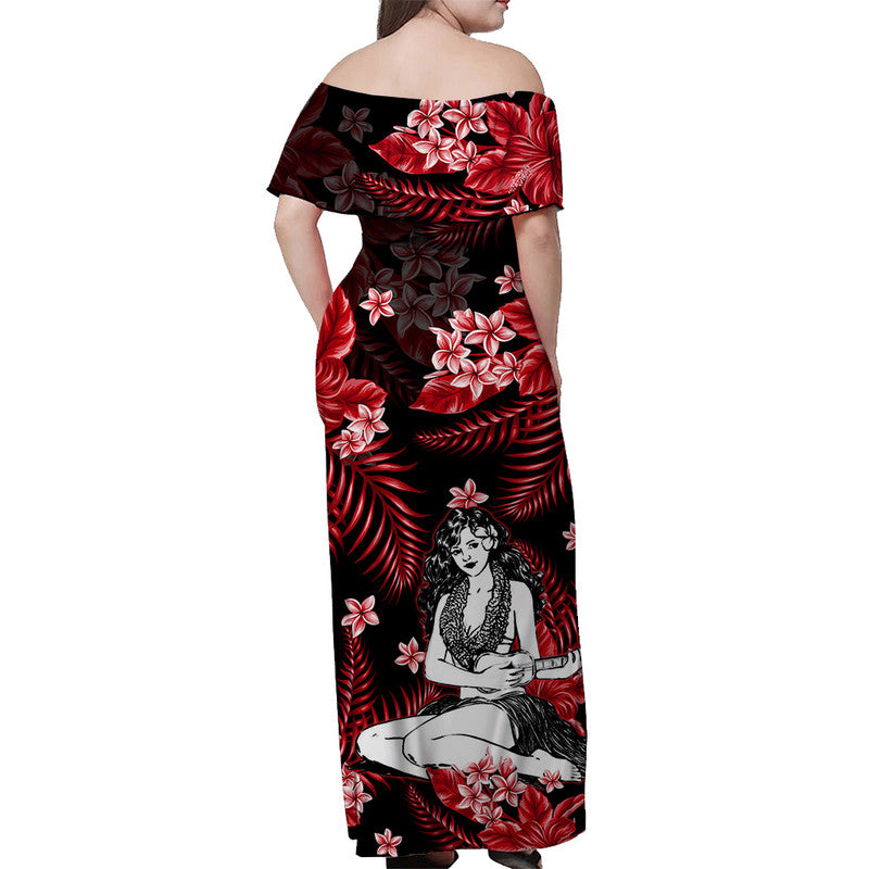 Hawaii Sommer Buntes Schulterfreies Langes Kleid Hula Mädchen Rot LT6