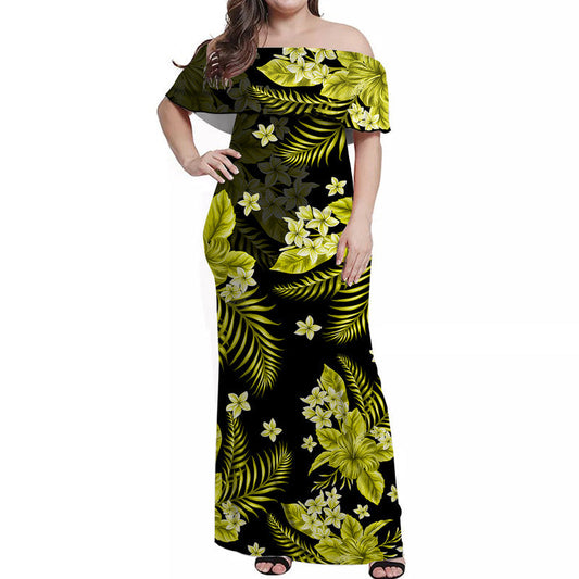 Hawaii Summer Colorful Off Shoulder Long Dress Yellow LT6 Women Yellow - Polynesian Pride