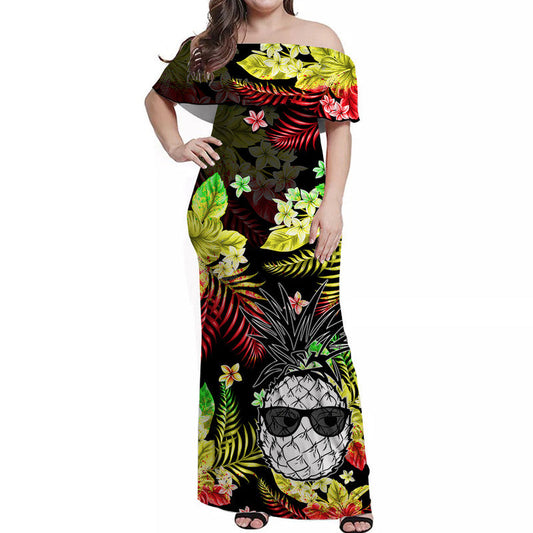 Hawaii Summer Colorful Off Shoulder Long Dress Pineapple Reggage LT6 Women Reggage - Polynesian Pride