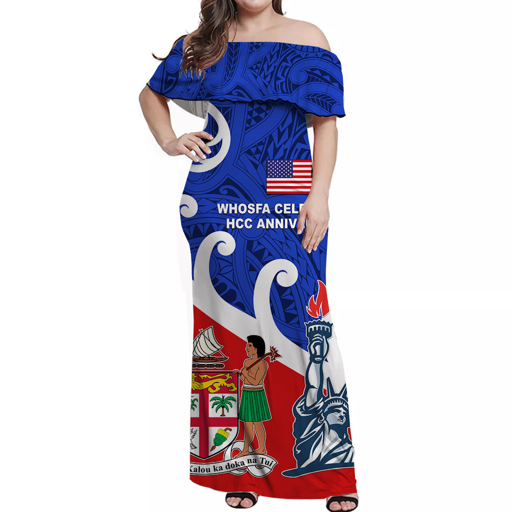 Whosfa feiert HCC-Jubiläum Fiji USA Schulterfreies langes Kleid Silver Fern Koru Vibes LT8