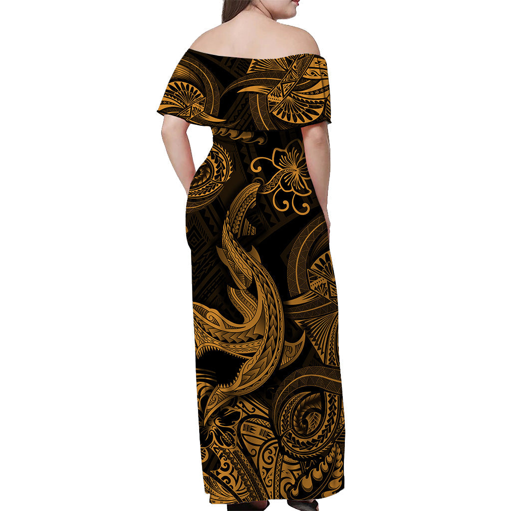 Hawaii Angry Shark Polynesianisches schulterfreies langes Kleid Einzigartiger Stil - Gold LT8