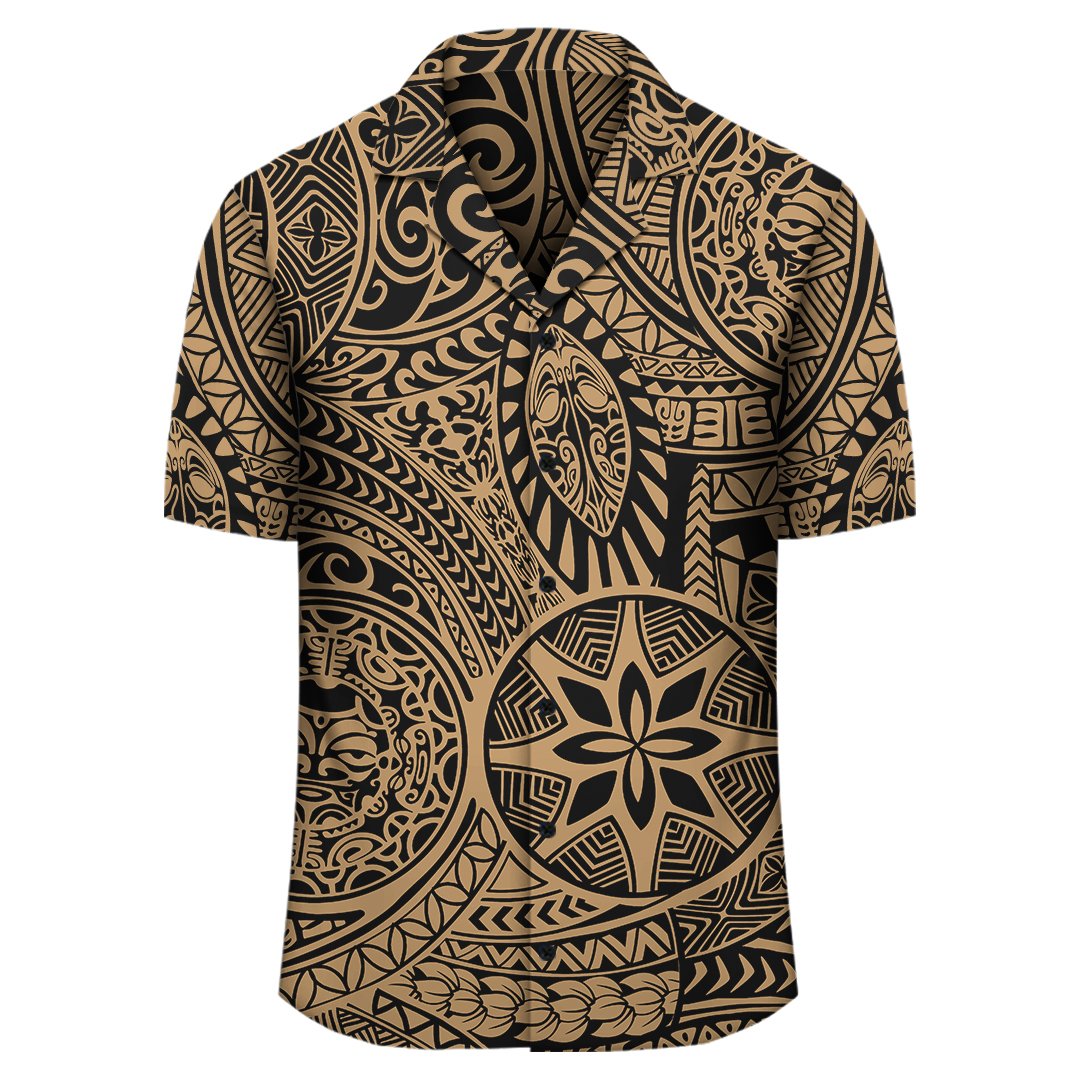Goldenes Hawaiihemd im polynesischen Hawaii-Stil mit Stammes-Tattoo