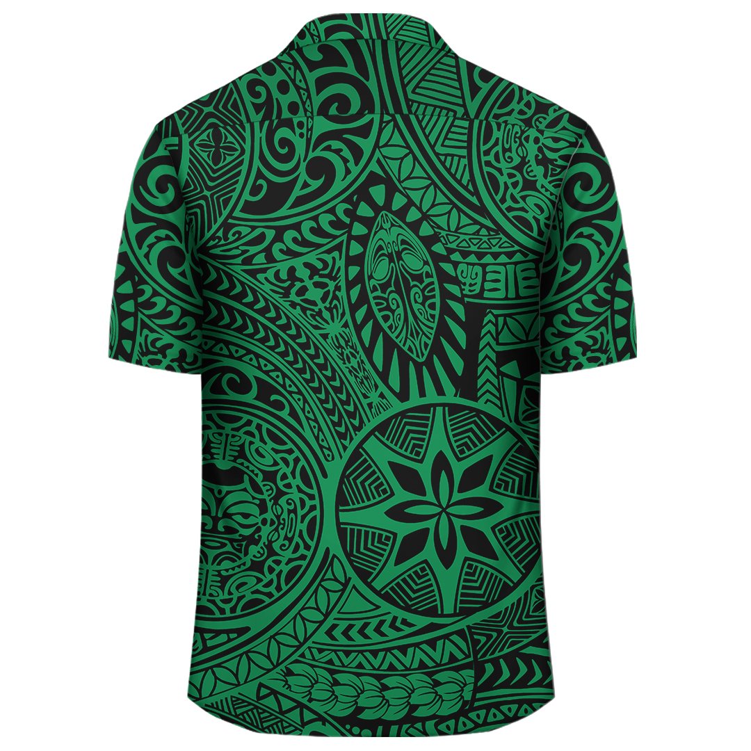 Grünes Hawaiihemd im polynesischen Hawaii-Stil mit Stammes-Tattoo