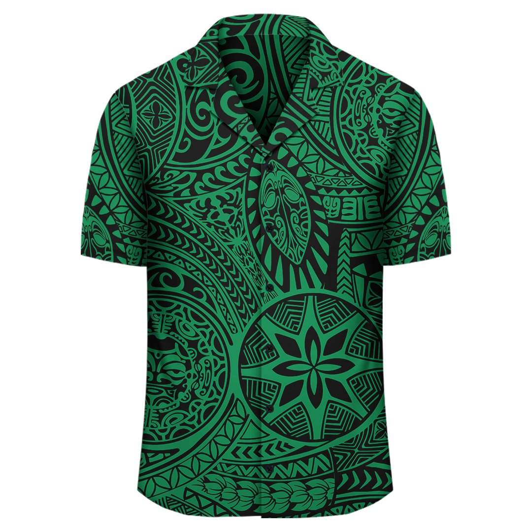 Grünes Hawaiihemd im polynesischen Hawaii-Stil mit Stammes-Tattoo