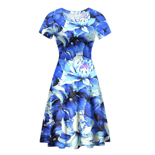 Robe Fleurie Bleue Courte Cintrée