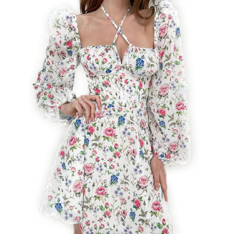 Blumenkleid mit quadratischem Kragen und Balkonen