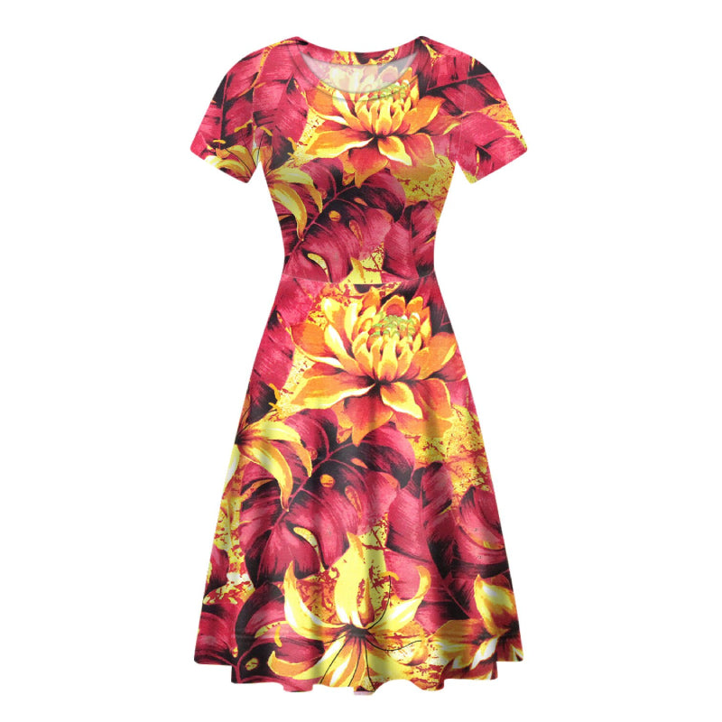 Robe Fleurie Rouge et Or Courte Cintrée