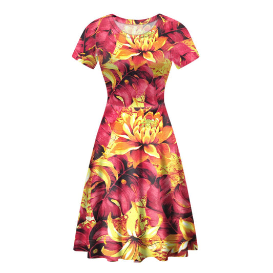 Robe Fleurie Rouge et Or Courte Cintrée