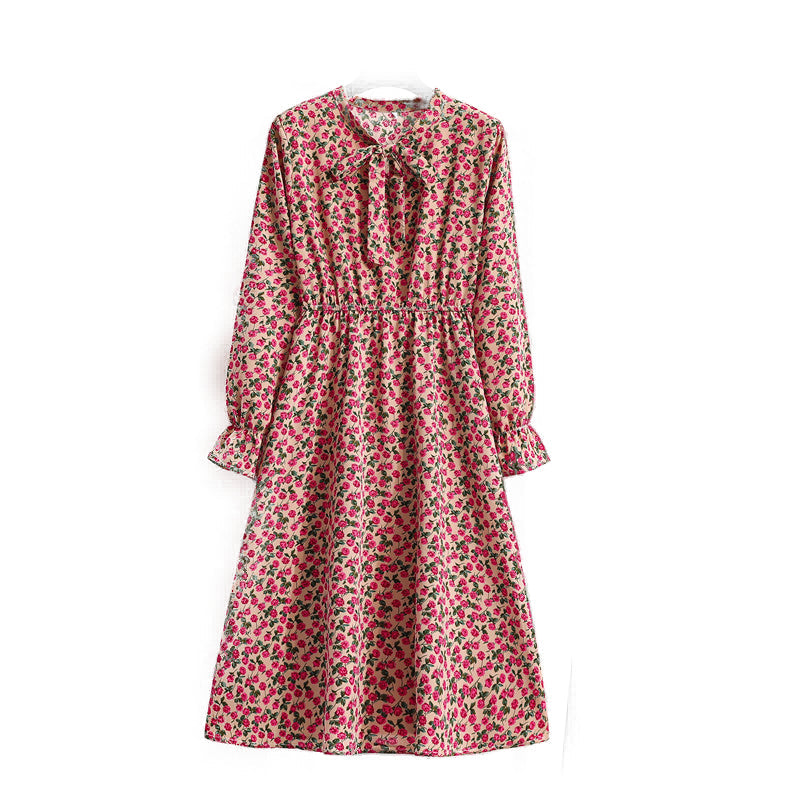 Kleid mit Blumendruck, elastische Taille, Bandkragen