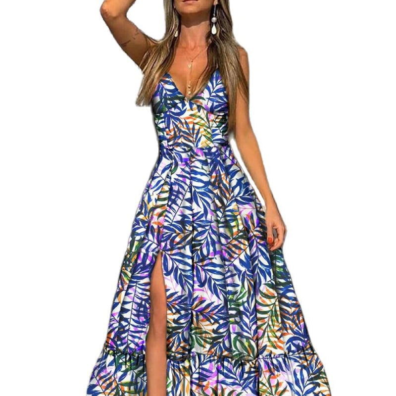 Langes Schlitzkleid mit Blumen und Blättern