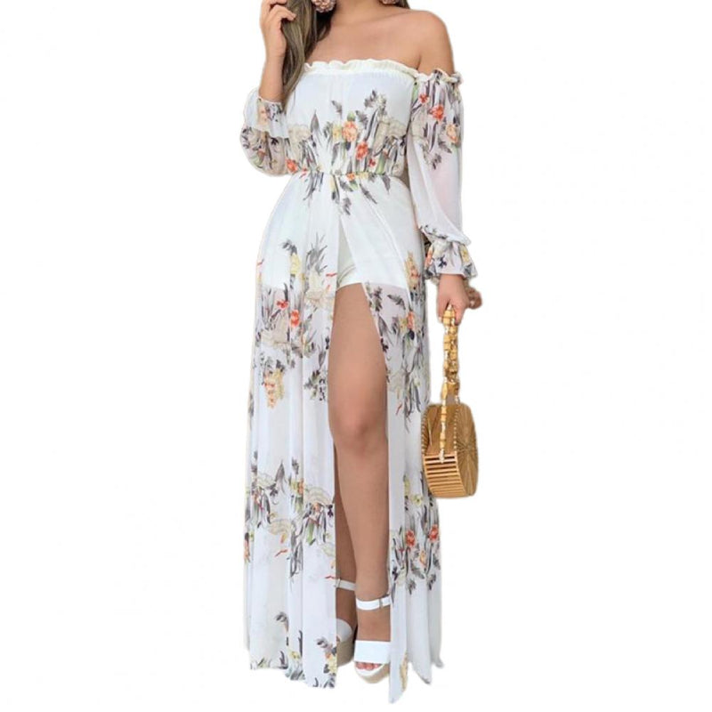 Geblümtes, schulterfreies Kleid mit Schlitz