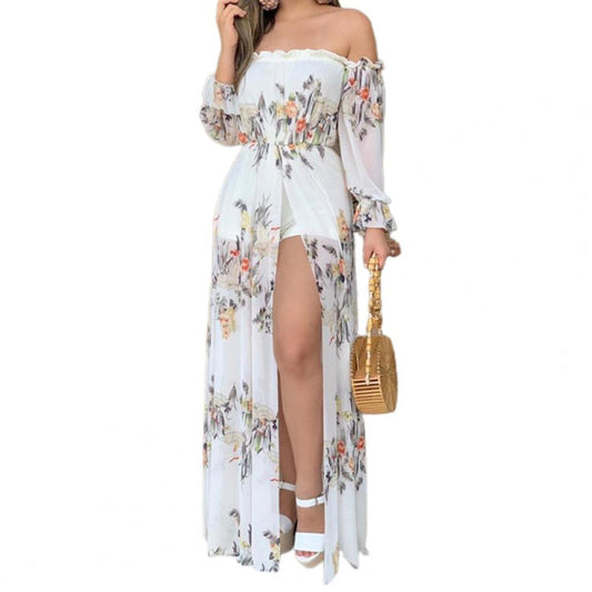 Geblümtes, schulterfreies Kleid mit Schlitz