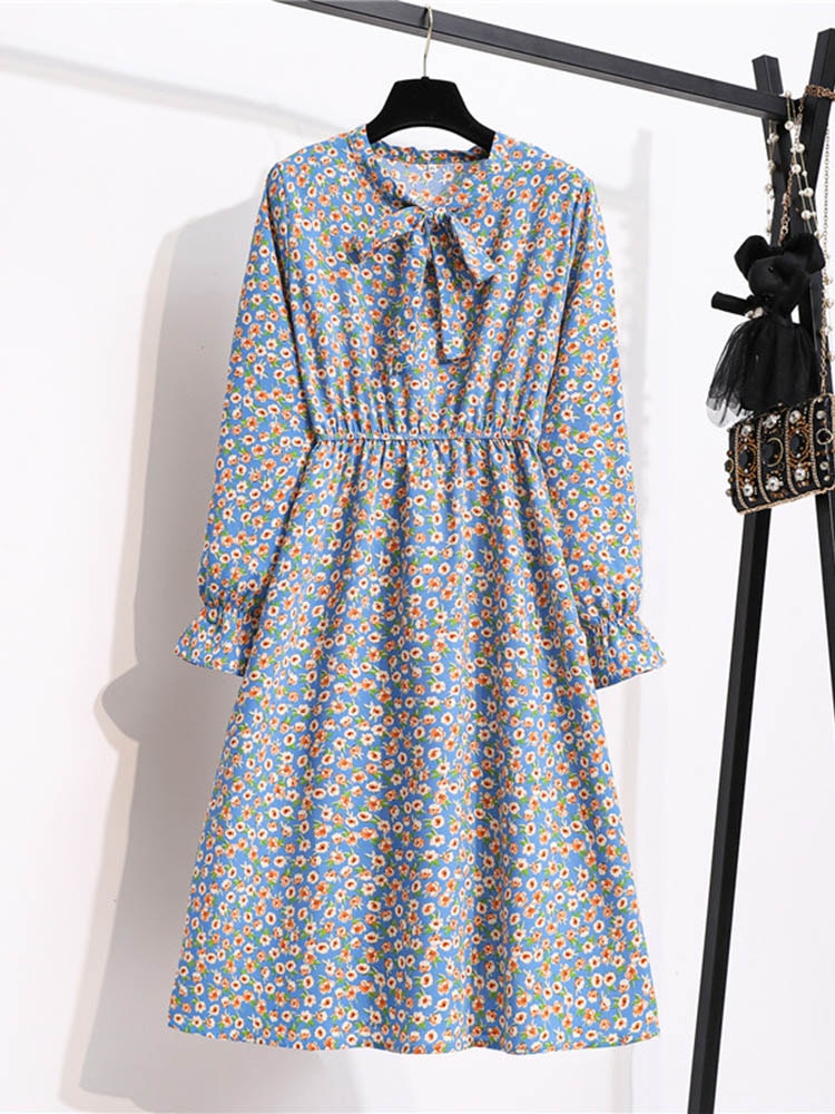 Robe Imprimé Fleuri Taille Élastique Col à Ruban