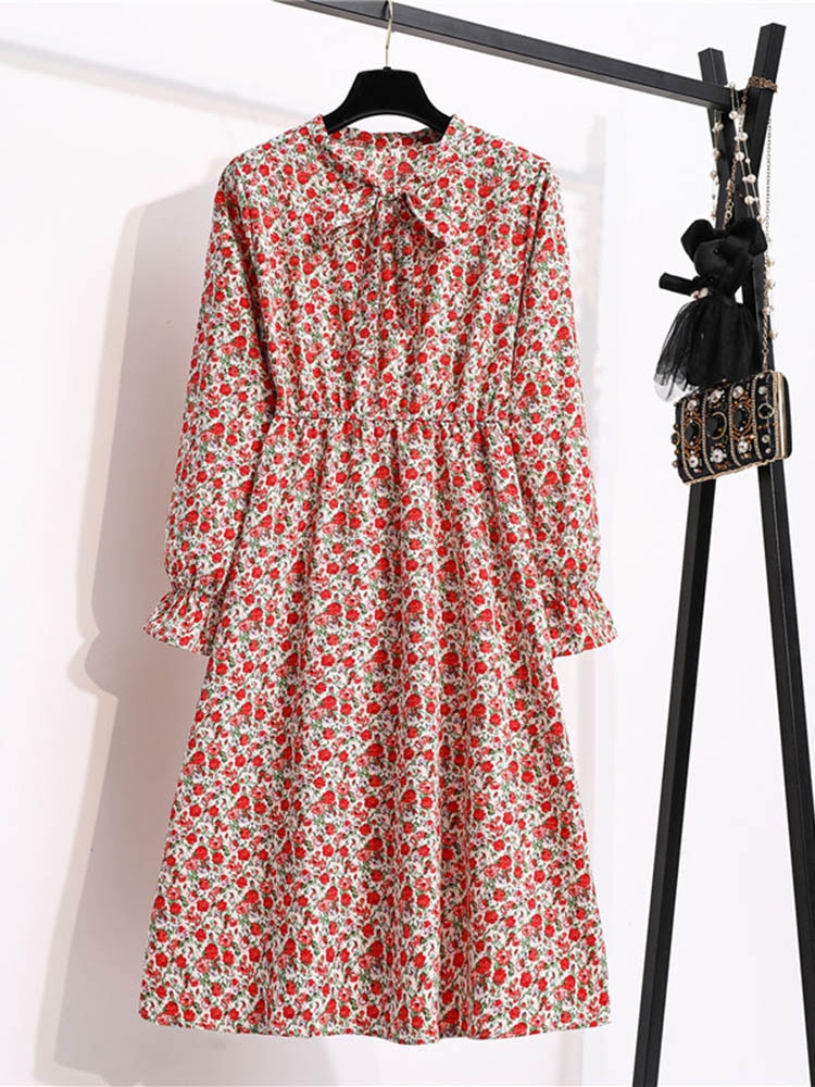 Robe Imprimé Fleuri Taille Élastique Col à Ruban