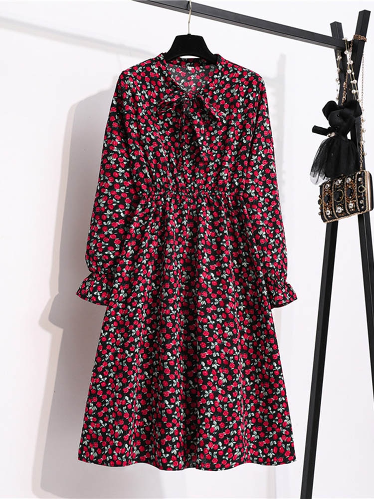 Robe Imprimé Fleuri Taille Élastique Col à Ruban