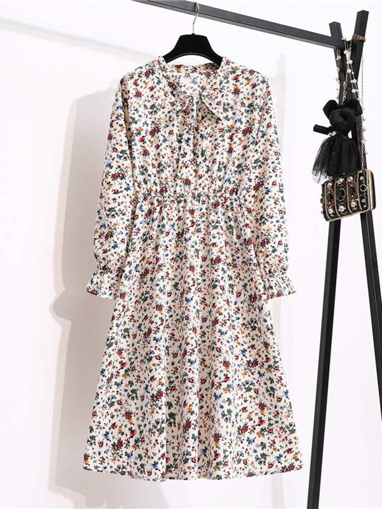 Kleid mit Blumendruck, elastische Taille, Bandkragen